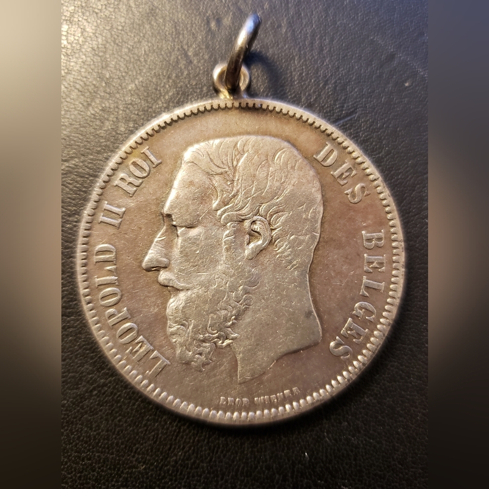 Antique Pendant - Belgium 1869 5 Franc Léopold II REAL Coin 90% Silver